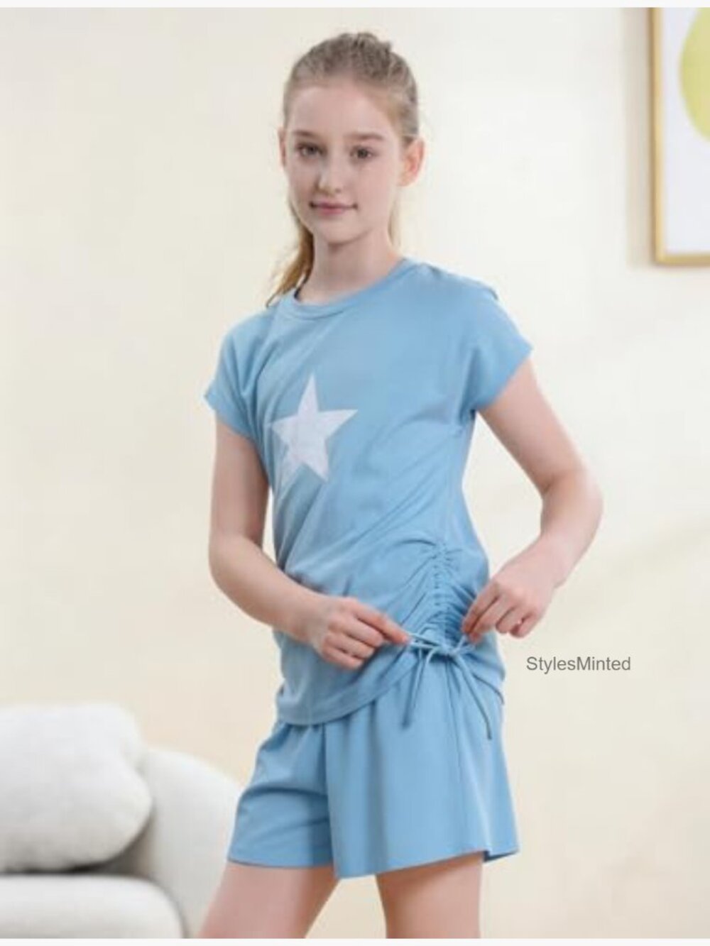Girls Two Piece Short Set Star Pattern Ruched Drawstring 7-14 Years - Picture 2 of 6